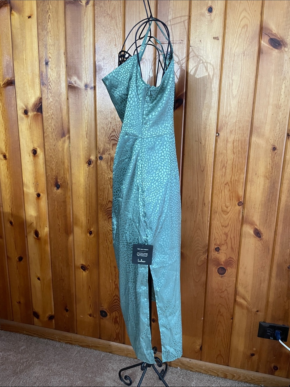 Total Stunner Sage Green Satin Jacquard Cowl Neck Midi Dress size small - Picture 6 of 12